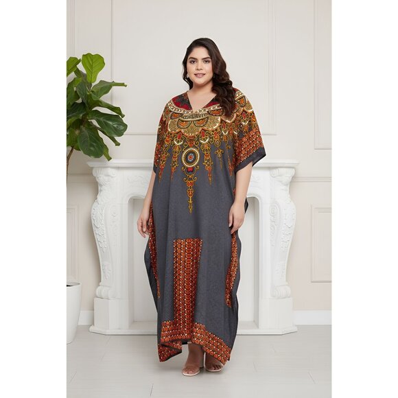 Women Plus Size Summer Beach Maxi Tribal Printed Grey Kaftan Dress by Gypsie Blu - Picture 1 of 9